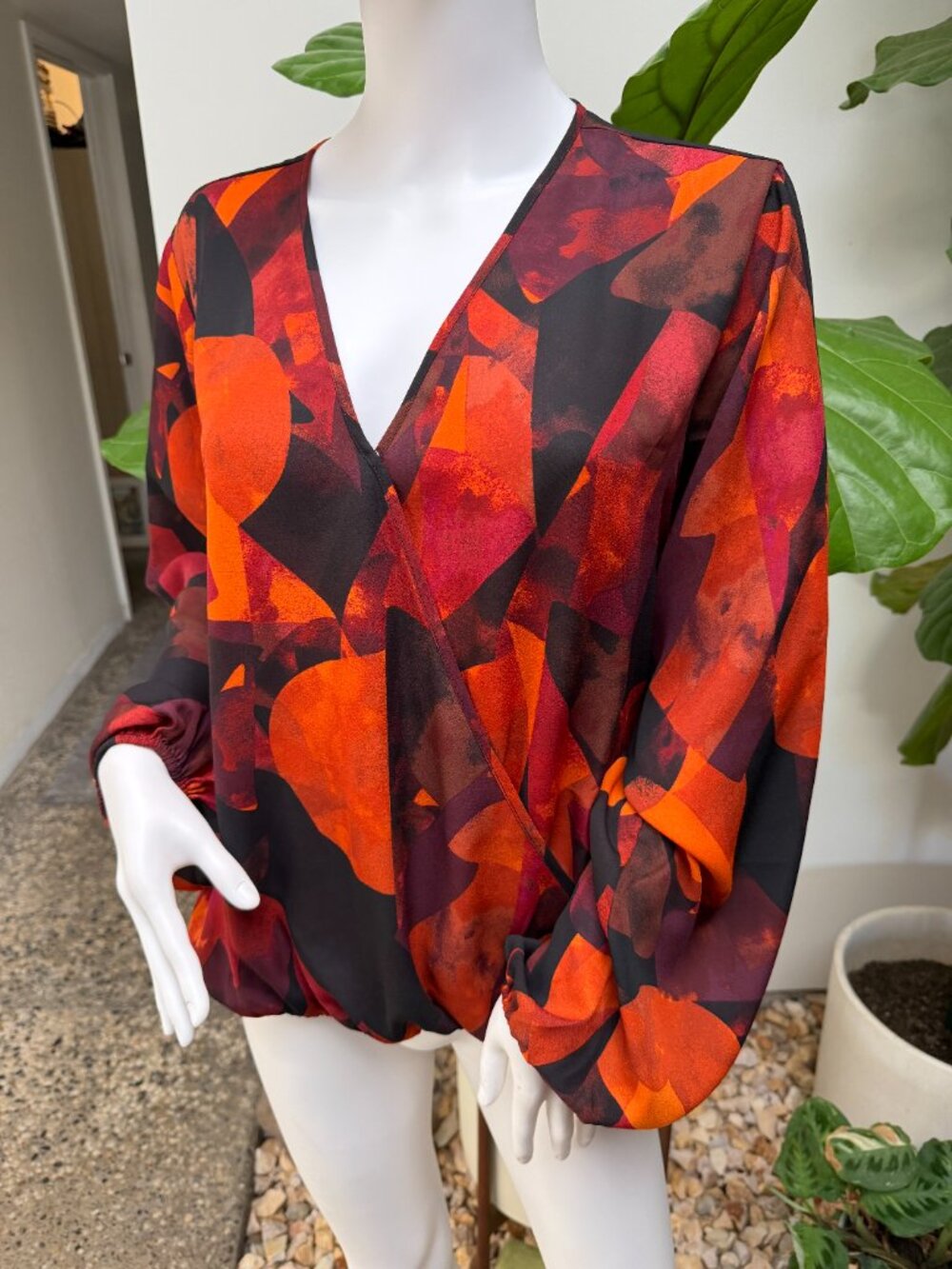 IMAN Global Chic Fall Colors Woven Crossover Front Balloon Sleeve Top Multi